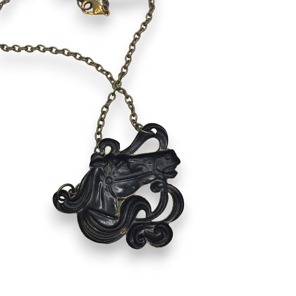Antiqued Brass Victorian Carousel Horse Art Deco Aged Oxidized Pendant Necklace - Picture 3 of 3